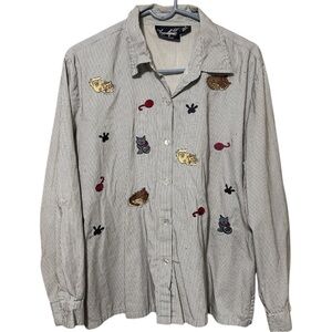 Women's Striped Embroidered Cat Button Down Shirt Rhinestone Angelique